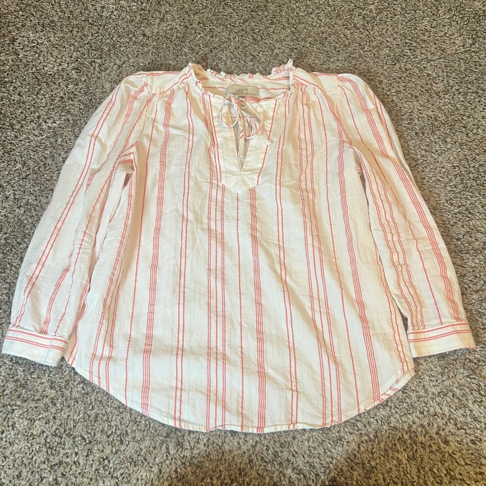 LOFT Women's White Red Stripe Ruffled Neck Tie Blouse Size M - Picture 1 of 6